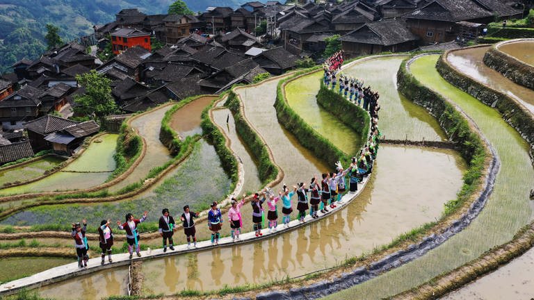 10. Mai: Ein atemberaubendes Panorama! Dorfbewohner zeigen Touristen ethnische Kostüme auf den Jiabang-Reisterrassen in der südwestchinesischen Provinz Guizhou. Die wellenförmigen Landschaften verkörpern eine perfekte Harmonie zwischen menschlicher Anstrengung und natürlicher Schönheit. Unter anderem leben dort die farbenfrohen Miao, Dong, Gejia und Shui, die seit Jahrhunderten ihre Felder bewirten und ab April mit dem Reisanbau beginnen.