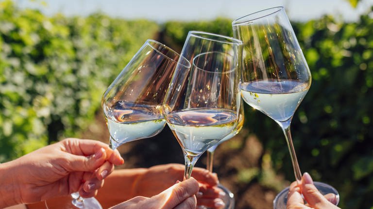 Vier Frauen stoßen mit Weißwein an | Tipps für Ausflüge & Veranstaltungen an Pfingsten