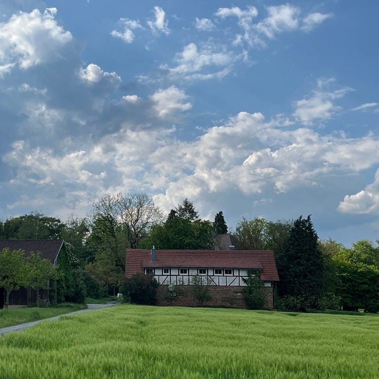 Der Aussiedlerhof bei Buchen (Neckar-Odenwald-Kreis) mit Wolken