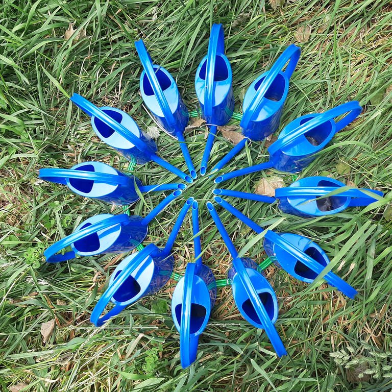 Blaue Gießkannen stehen auf einer Wiese im Kreis