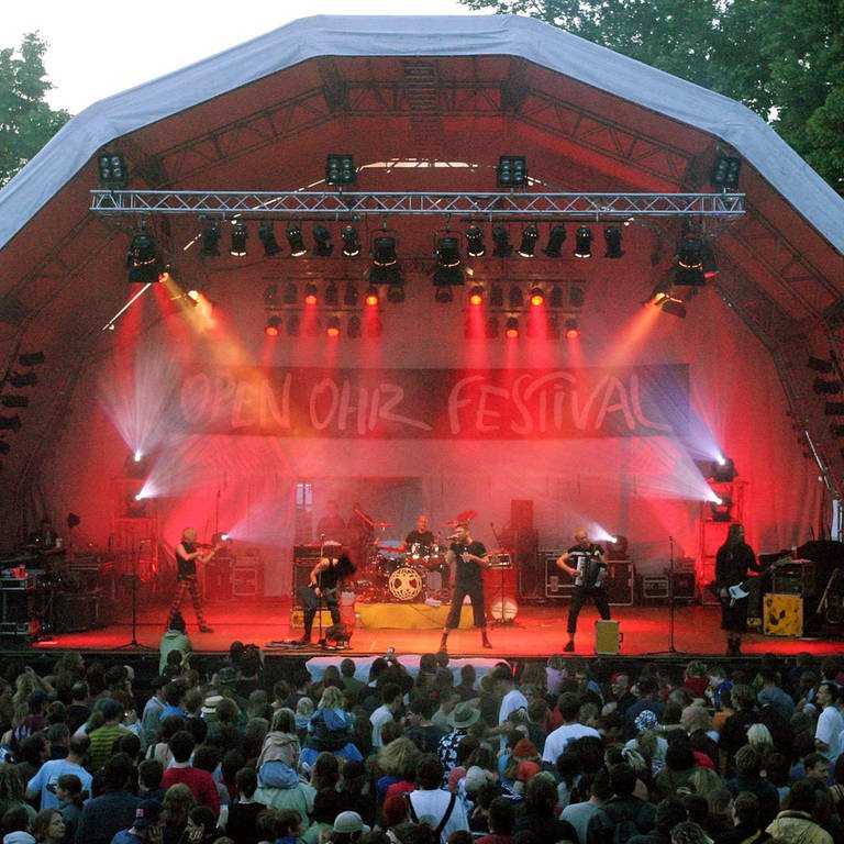 Band spielt auf Bühne beim 30. Open Ohr Festival in Mainz