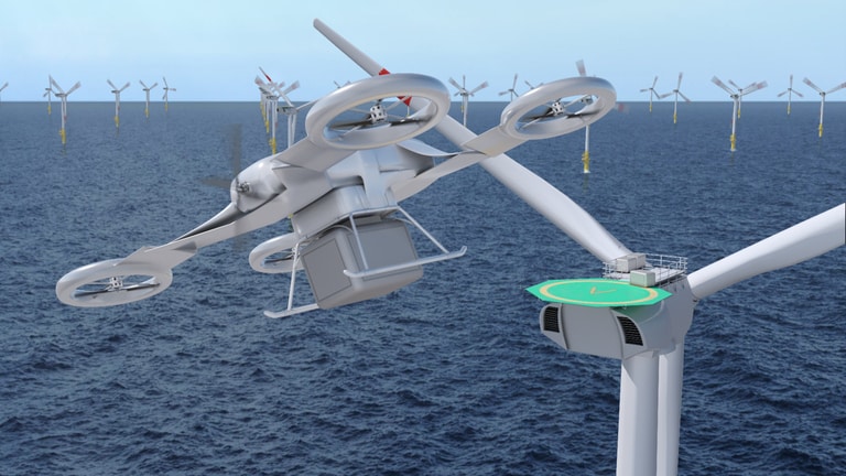 Bild-Montage der EnBW: Mit einer Drohne an Einsatzorte im Windpark