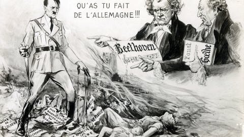 Karikatur: Beethoven und Goethe blicken missbilligens auf Adolf Hitler in den Trümmern Deutschlands