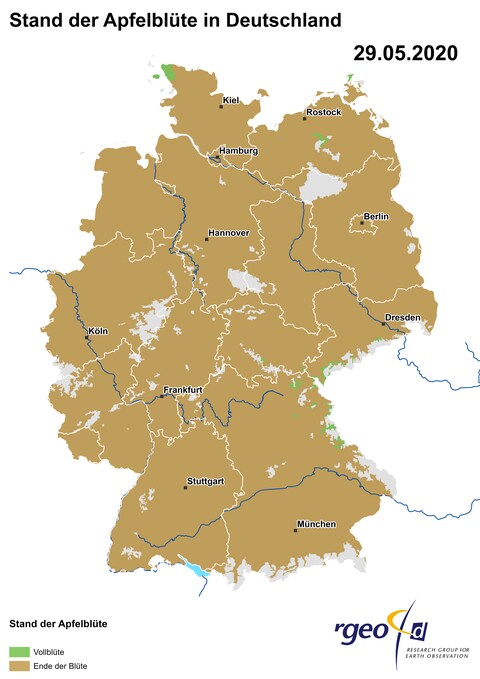 Landkarte der Ausbreitung der Apfelblüte in Deutschland am 29. Mai 2020