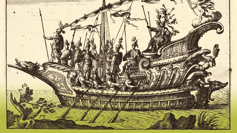 Ein Schiff, Argonauten Meleager und Tydeus angeführt von Cupido, aus der Serie: Der prächtige Festzug am Arno in Florenz zur Hochzeit des Großherzogs  für die Hochzeitsfeier von Cosimo de Medici in Florenz, 1608