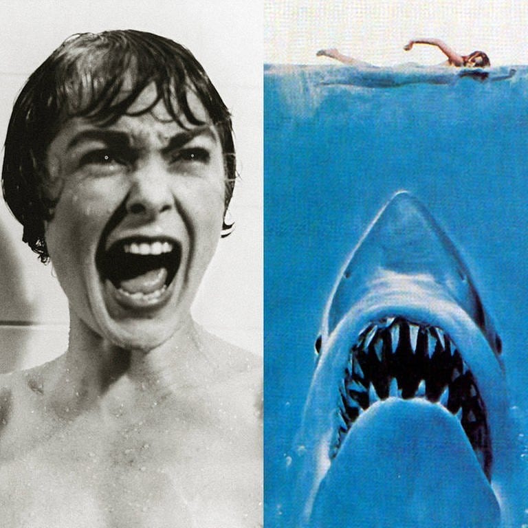 Eine Collage aus einem Filmstill aus "Psycho" und dem Filmplakat von "Der weiße Hai"
