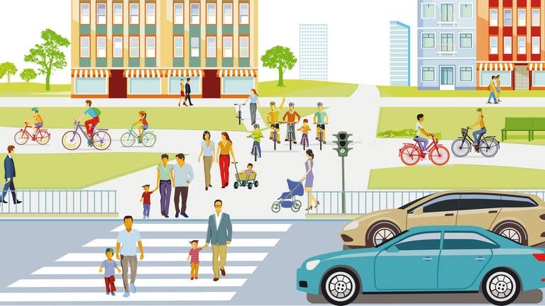 Stadtsilhouette einer Stadt mit Verkehr und Fußgängern (Illustration): Eine Reform des Straßenverkehrsgesetzes soll die Rechte der Gehenden stärken. Nicht alle befürworten das.