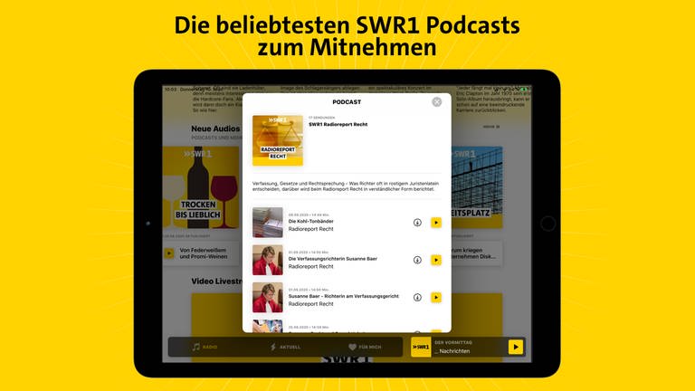 Screenshot der neuen SWR1 App mit der Podcast-Funktion