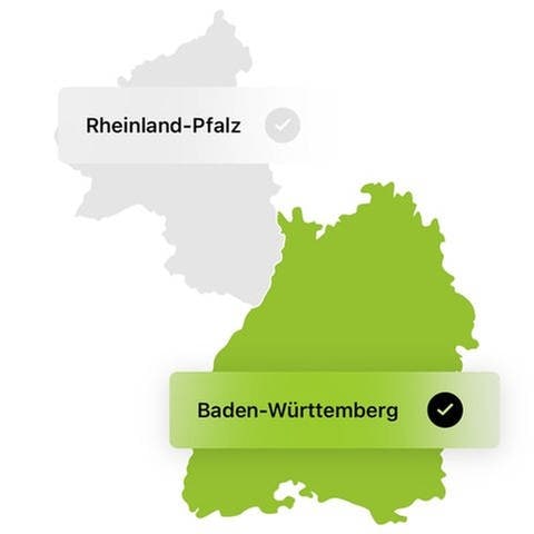 Screenshot der SWR4 App: Auswahl zwischen den Bundesländern Rheinland-Pfalz und Baden-Württemberg