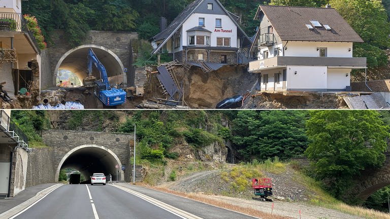 Tunnel in Altenahr kurz nach der Flut 2021 und heute 2023