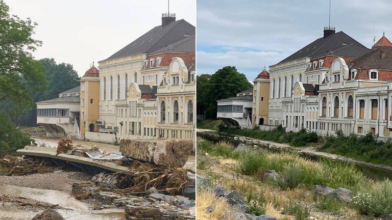 Die Kurgebäude in Bad Neuenahr-Ahrweiler nach der Flut 2021 und heute 2023