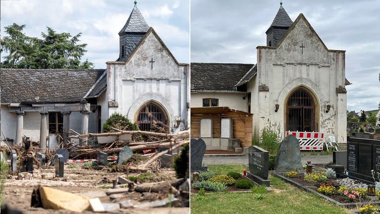 Der zerstörte Friedhof in Bad Neuenahr-Ahrweiler kurz nach der Flut 2021 und heute 2023