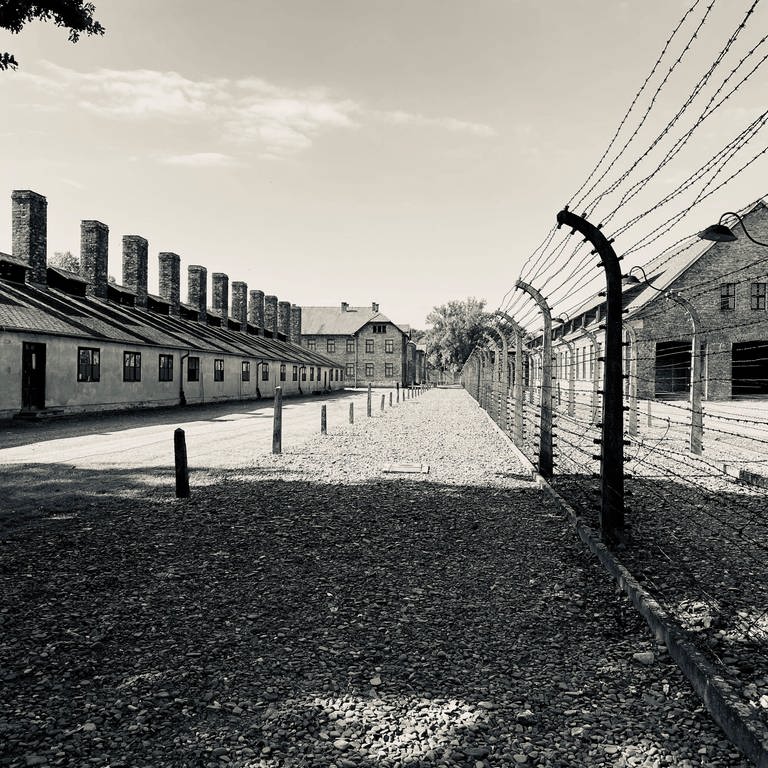 Stacheldrahtzaun und Baracken im Konzentrationslager Auschwitz - KZ Auschwitz I (Stammlager).