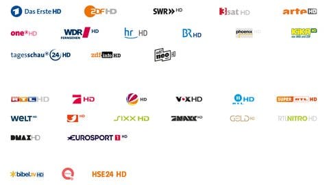 Logos der Sender, die über DVB-T2 zu empfangen sind