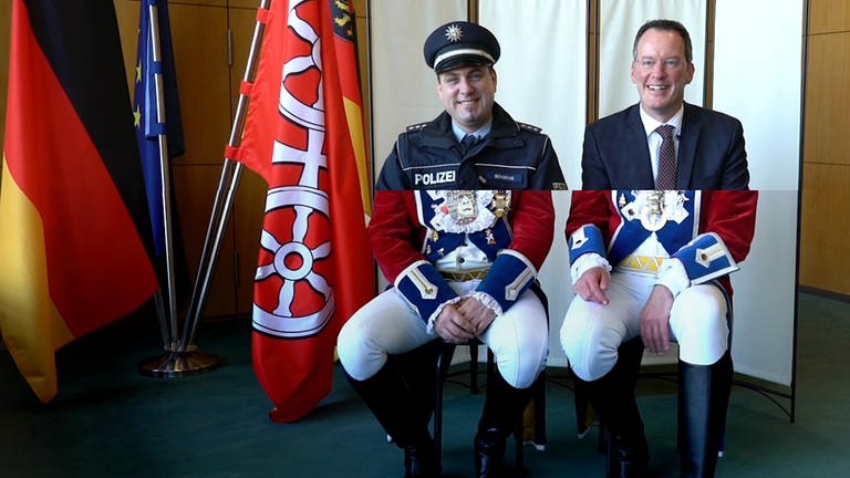 Oberbürgermeister und Polizist schützen den Prinzen Karneval (Foto: SWR)