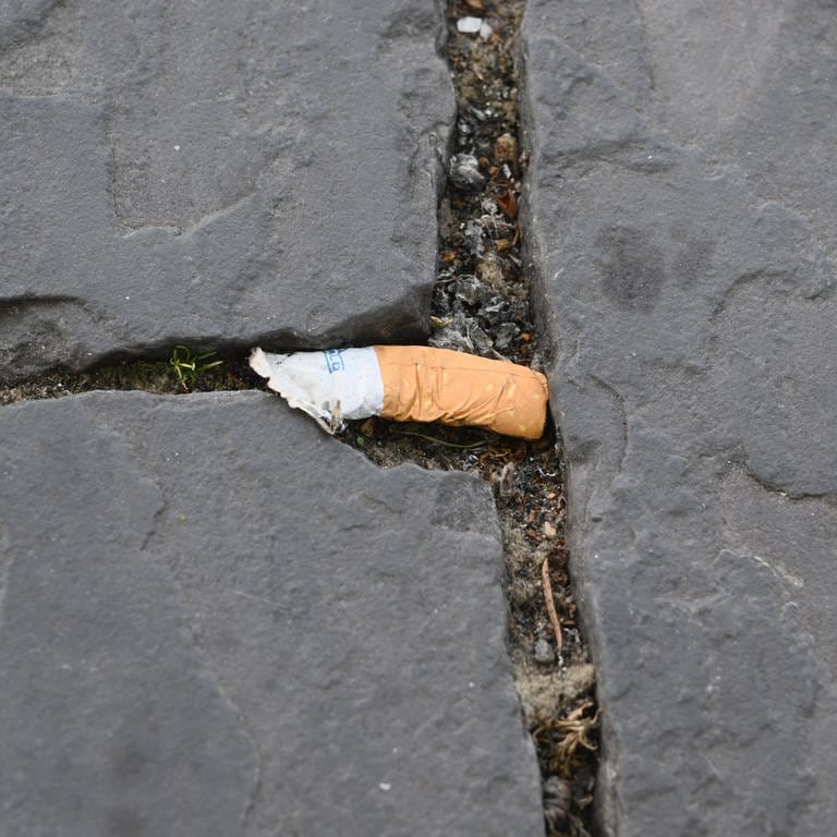 Ein achtlos weggeworfener und nasser Zigarettenstummel auf dem Boden. Er enthält schädliche Chemikalien und Mikroplastik -  all dass wird ausgewaschen und gelangt so ins Grundwasser.
