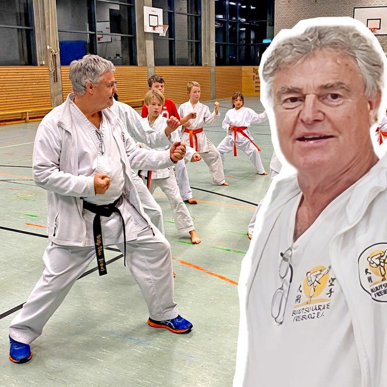 Willy Voss aus Freiburg im weißen Karate-Anzug. Er trägt den schwarzen Gürtel und bringt Kindern Karate bei. (Foto: Roman Hollotschek/Sebastian Bargon/Collage: SWR)