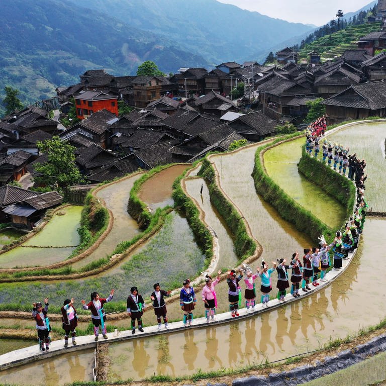 10. Mai: Ein atemberaubendes Panorama! Dorfbewohner zeigen Touristen ethnische Kostüme auf den Jiabang-Reisterrassen in der südwestchinesischen Provinz Guizhou. Die wellenförmigen Landschaften verkörpern eine perfekte Harmonie zwischen menschlicher Anstrengung und natürlicher Schönheit. Unter anderem leben dort die farbenfrohen Miao, Dong, Gejia und Shui, die seit Jahrhunderten ihre Felder bewirten und ab April mit dem Reisanbau beginnen.