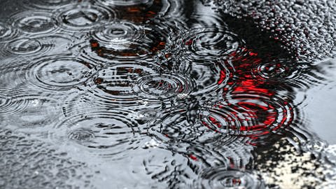 Die Farben einer Ampel spiegeln sich in einer Pfütze, in die Regentropfen fallen. (Foto: picture-alliance / Reportdienste, Symbolbild | picture alliance/dpa | Federico Gambarini)