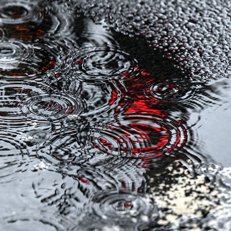 Die Farben einer Ampel spiegeln sich in einer Pfütze, in die Regentropfen fallen. (Foto: picture-alliance / Reportdienste, Symbolbild | picture alliance/dpa | Federico Gambarini)