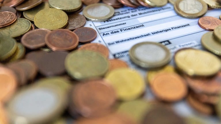 Ein Formular zur Steuererklärung ist von Euro-Münzen bedeckt. Baden-Württemberg muss in den kommenden Jahren mit weniger Steuereinnahmen auskommen, als ursprünglich geplant.  (Foto: dpa Bildfunk, picture alliance/dpa | Philipp von Ditfurth)