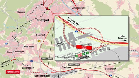 Im Filderbahnhof (rot) sollen Fern- und Regionalzüge auf dem Weg von Stuttgart nach Ulm halten - im S-Bahnhof (grün) neben den S-Bahnen auch Züge aus Böblingen, Horb und Zürich.