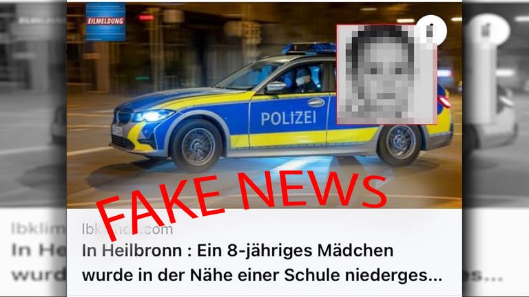 Screenshot der Falschmeldung zu 8-jährigem Mädchen. Montage SWR "Fake News"