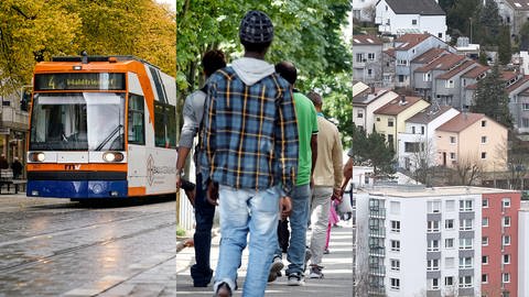 Straßenbahn, Menschen und Wohnhäuser: Collage zu den wichtigsten Themen der Kommunalwahl 2024 in Baden-Württemberg.
