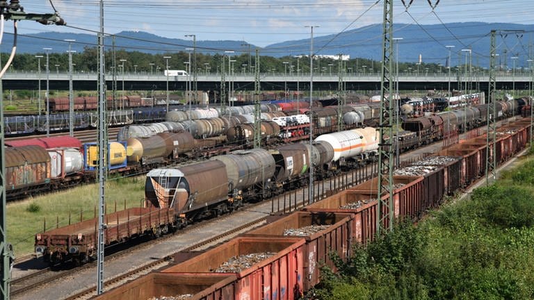 Zahlreiche Güterwaggons stehen auf dem Rangierbahnhof in Mannheim.