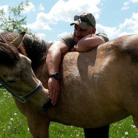 Ein Mann lehnt an einem Pferd - Pferde werden in Aichhalden eingesetzt, um Soldaten zu therapieren