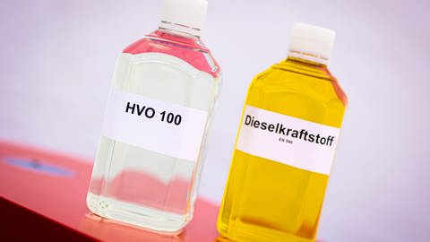 Eine Flasche mit dem Biokraftstoff HVO (Hydrotreated Vegetable Oil) und eine Flasche mit Dieselkraftstoff stehen bei einem Pressetermin auf einem Tisch. 