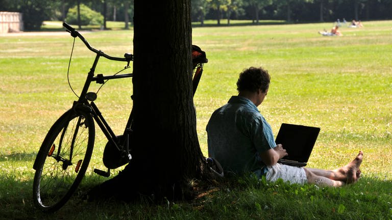 Ein Mann sitzt mit Laptop unter einem Baum im Park