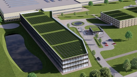 Die Grafik zeigt, wie die Hightech-Produktionsstätte des Pharmaunternehmens Lilly ausshen könnte. Die Dächer sind entweder begrünt oder sind mit Solaranlagen bestückt.