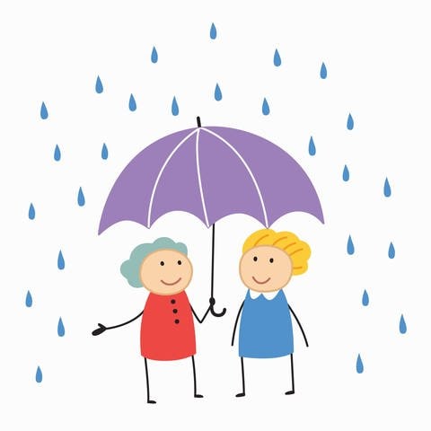 Lächelnde Frauen teilen sich einen Schirm (Grafik): Stehauf-Menschen trotzen schweren Umständen und lassen sich von Schicksalsschlägen nicht unterkriegen. Woher kommt diese Resilienz?