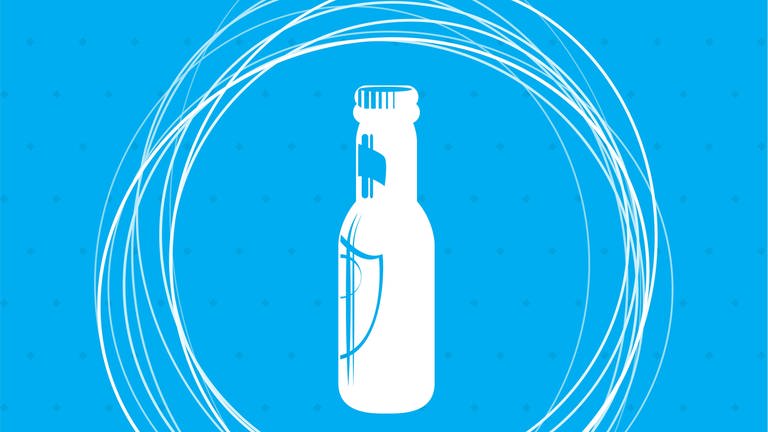 Grafik: weiße Bierflasche auf blauem Hintergrund mit weißen Kreisen: Lange galten absolute Abstinenz und Verhaltenstherapie als einzige Wege aus der Alkoholsucht. Hilfreicher sind für viele Menschen aber Ansätze wie "kontrolliertes Trinken" oder Medikamente gegen Rückfälle.