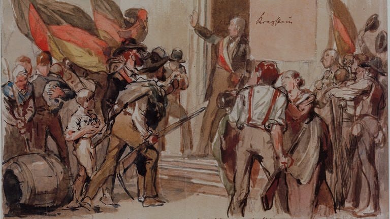"Der Konstanzer Bürgermeister Karl Hüetlin beruhigt 1848 die Aufsändischen" (Zeichnung, aquarelliert, 1888, von Carl von Häberlin)