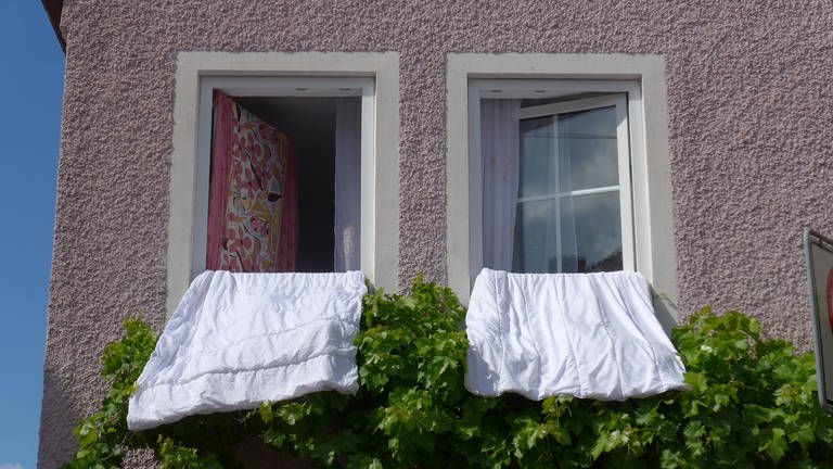 Bettdecken hängen zum Auslüften aus den Fenstern eines Hauses: Gesundheitlich sind Milben nur dann ein Problem, wenn jemand tatsächlich allergisch auf die Ausscheidung dieser Tiere reagiert. Es gibt aber einige wichtige Regeln der Betthygiene.
