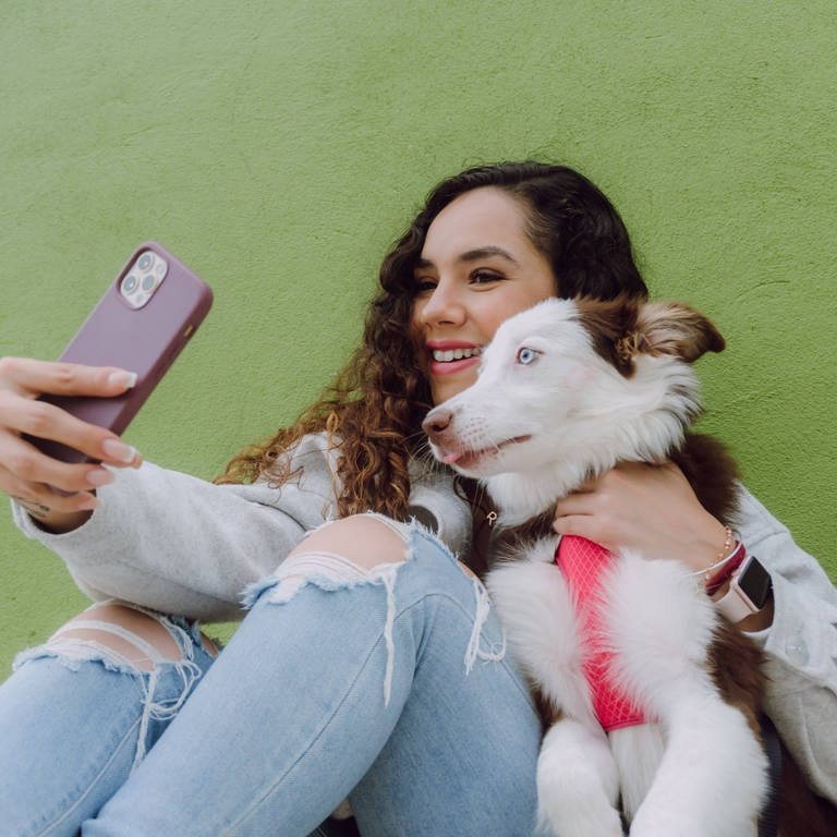 Zufriedener weiblicher Besitzer, der ein Selbstporträt mit seinem Border Collie-Hund auf seinem Smartphone aufnimmt, während er in der Nähe einer grünen Wand in einer Stadtstraße sitzt.