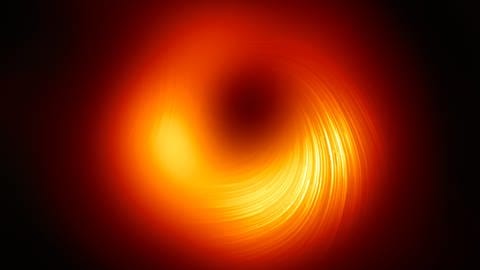 Dieses von der Event Horizon Telescope (EHT) Collaboration erstellte Bild zeigt die Magnetfelder in der unmittelbaren Nähe des Schwarzen Lochs in der Galaxie Messier 87 (M87).