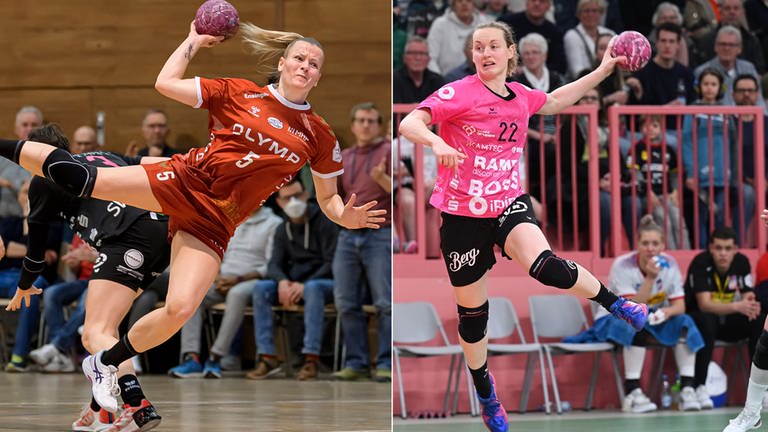 Die Handballerinnen Antje Döll (li) und Maren Weigel während eines Spiels. Die beiden Handball Frauen gehören mit ihren Vereinen Bietigheim und Metzingen zur Spitze der HBF und als Nationalspielerinnen zum DHB. In SWR1 Leute erzählen sie, wie sich der Sport über die Jahre verändert hat.