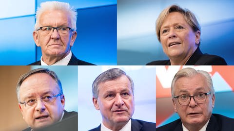 Montage Oben: Winfried Kretschmann (Grüne), Susanne Eisenmann (CDU), Darunter: Andreas Stoch (SPD), Hans-Ulrich Rülke (FDP), Bernd Gögel (AfD)