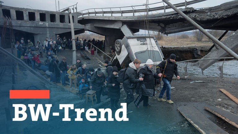 Menschen fliehen aus Irpin bei Kiew vor dem Krieg mit Schriftzug BW-Trend