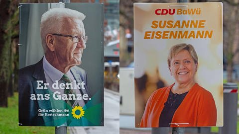 Immer mehr Parteien hängen ihre Wahlplakate zu den Landtagswahlen in Baden-Württemberg 2021 in der Stuttgarter Innenstadt auf. Darunter sind auch die Spitzenkandidaten von CDU , Susanne Eisenmann, und den Grünen , Winfried Kretschmann. 