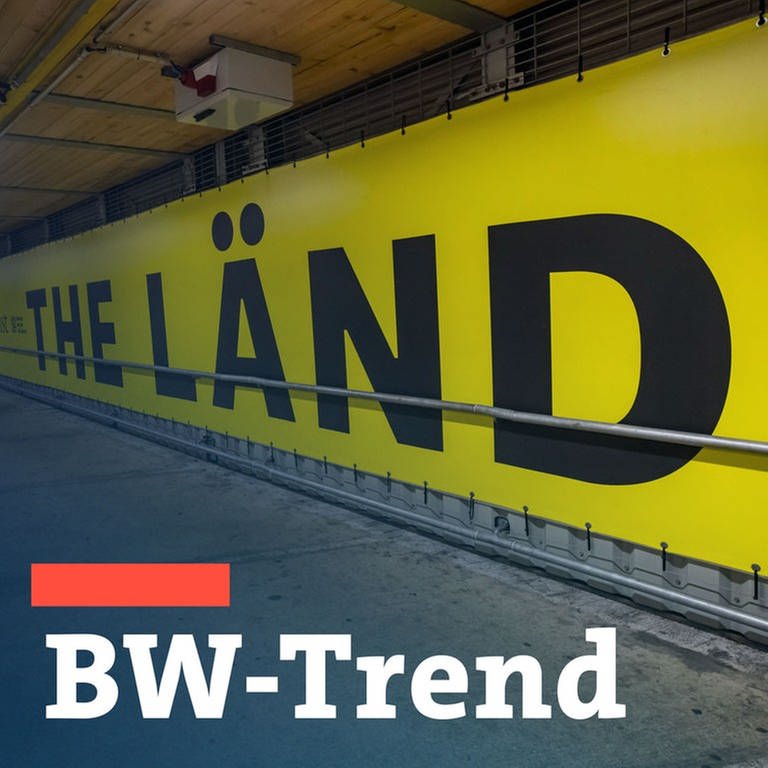 Werbebanner "The Länd" und Schriftzug BW-Trend, der Umfrage zur politischen Stimmung im Land sowie 70 Jahre Baden-Württemberg