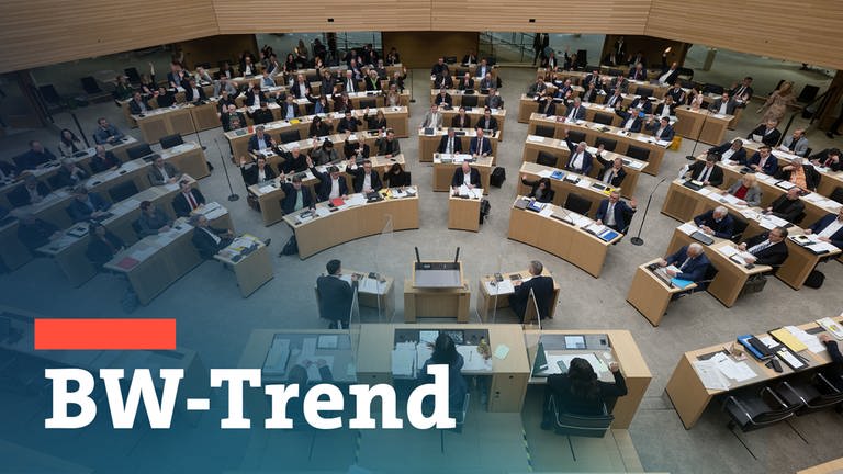 Blick in den Plenarsaal des Landtags in Stuttgart. Teaserbild mit Schriftzug "BW-Trend" als Symbolbild für die landespolitische Umfrage. 