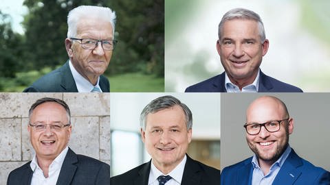 oben: Winfried Kretschmann (Grüne), Thomas Strobl (CDU), unten: Andreas Stoch (SPD), Hans-Ulrich Rülke (FDP), Markus Frohnmaier (AfD)
