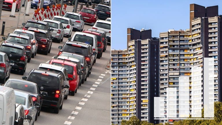 Symbolbild zur SWR Umfrage zur Kommunalwahl in Baden-Württemberg Verkehrsprobleme (Autos im Stau) Mietprobleme (Hochhaus)