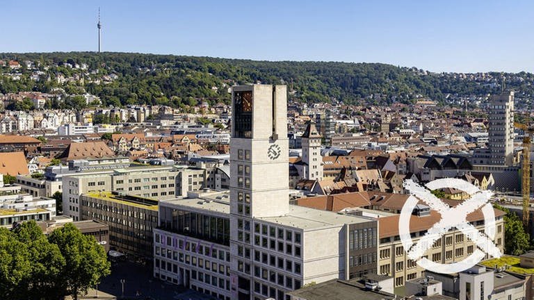 das Stuttgarter Rathaus und ein rotes Wahl-Kreuz