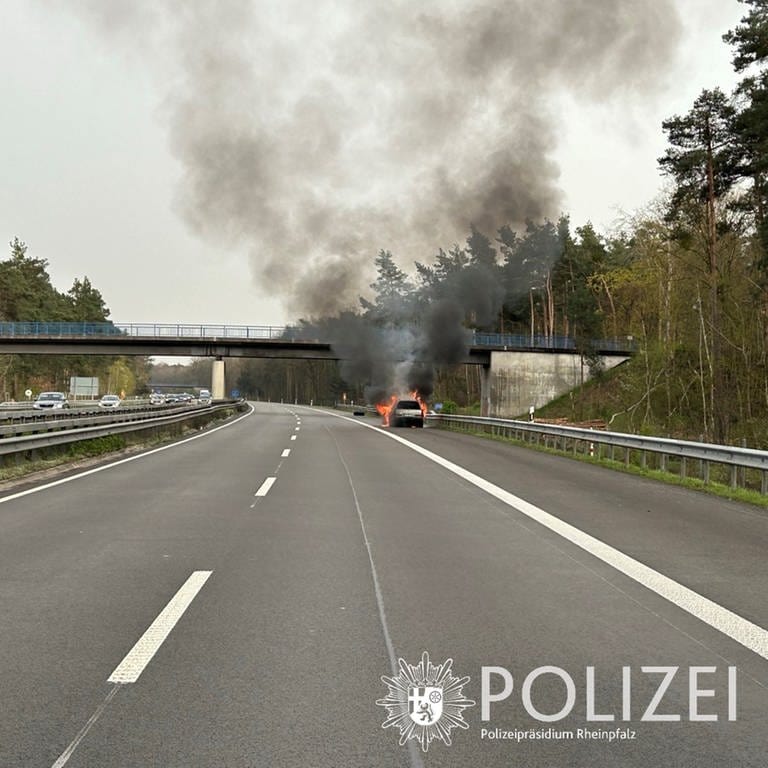 Der Opel brannte auf der A61 Richtung Hockenheim komplett aus (Foto: Polizeipräsidium Rheinpfalz)