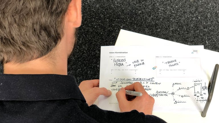 Brainstorming ist ein wichtiger Teil des Design Thinking Prozesses. Ein Schulterblick bei Daniel Stolz, Innovation Manager beim SWR X-Lab, zeigt den ersten Entwurf mit Stift und Papier.